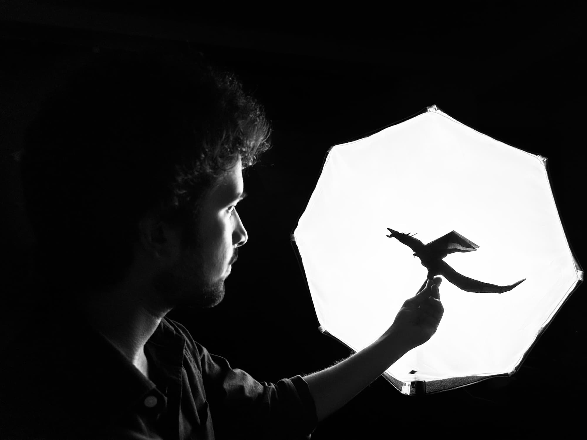 A folded paper dragon held up against a studio light