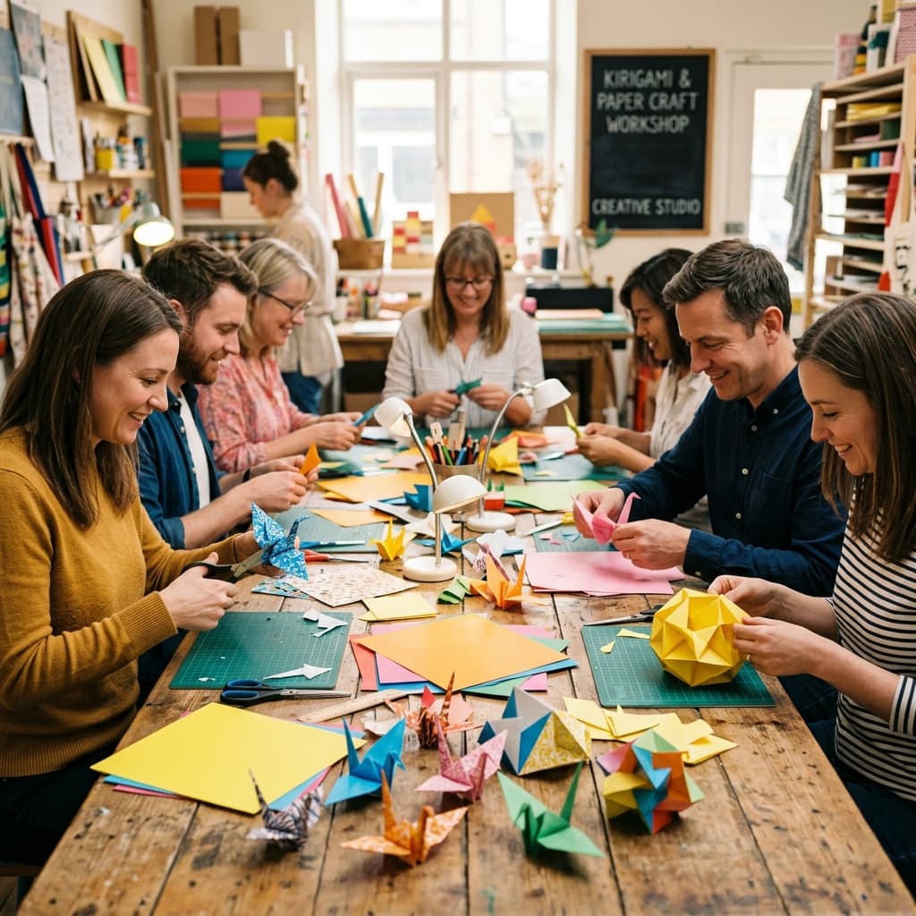 Facilitators guiding a group through a paper-craft session